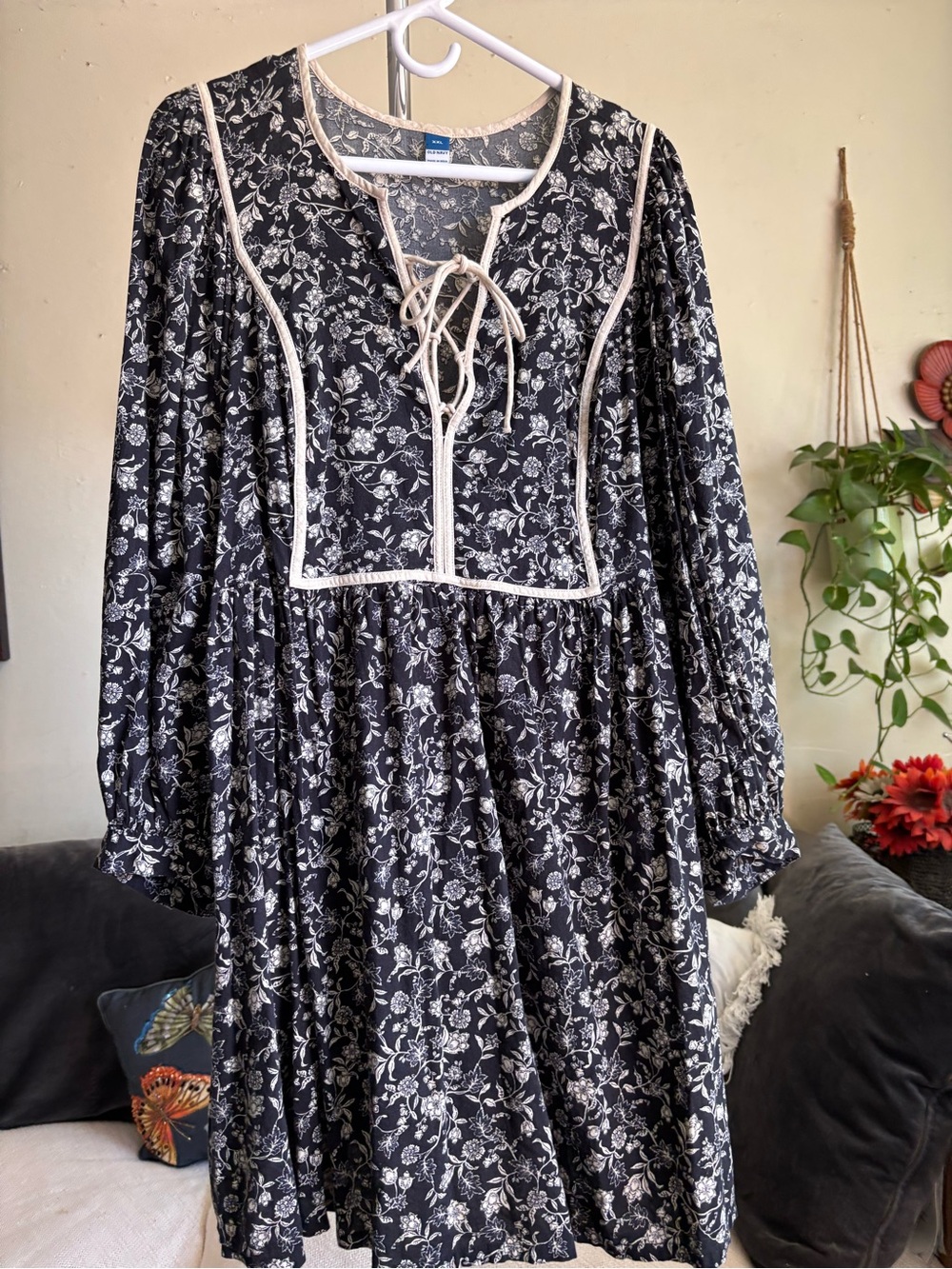 Romantic Old Navy Black Floral Long Sleeve Knee Length Dress Plus Size XXL